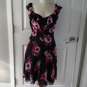 White House Black Market Black and Pink Floral Midi Dress